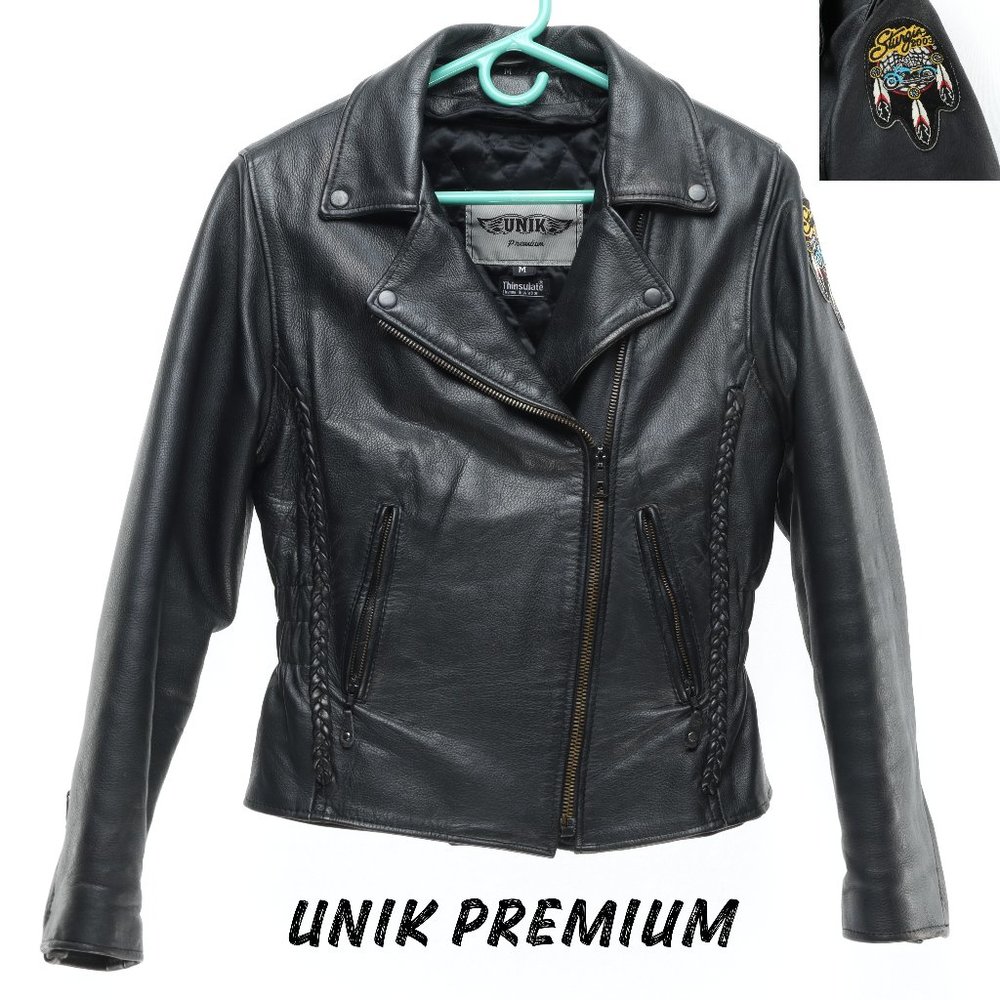 Unik Premium Lined Leather Moto Jacket • Women's M • Black • Asymmetric Zipper